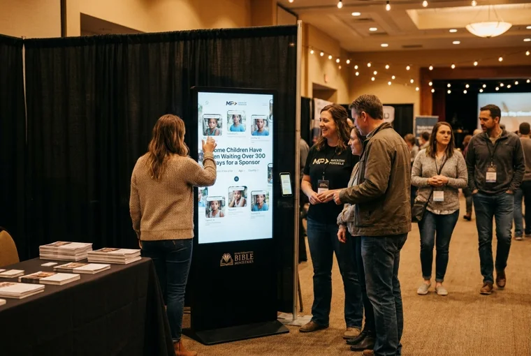 Visitors gathered around a 501KIOSK at a conference booth