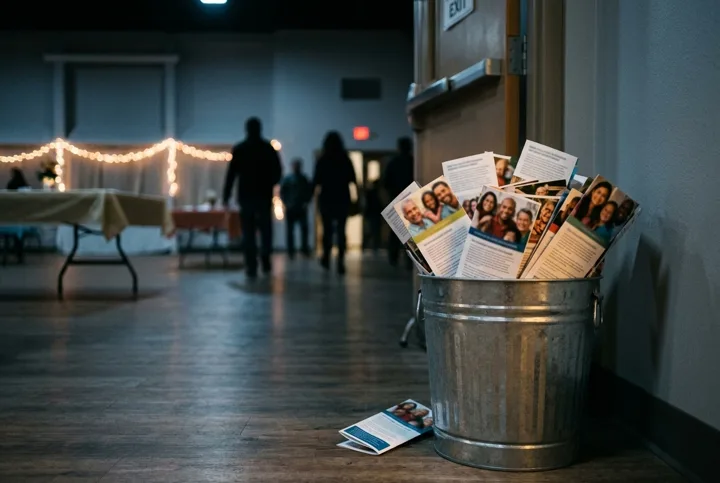 Brochures piled in a trash can by the exit