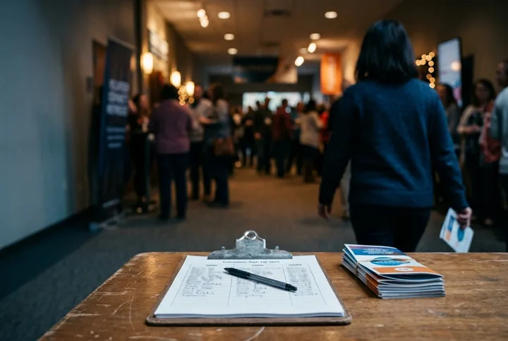 Outreach table with a sign-up sheet as a visitor walks away